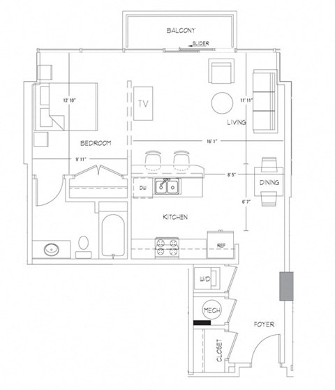 Floor plan for 1 bed, 1 bath, 724 sqft